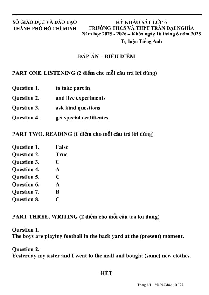 Đáp án đề thi vào lớp 6 môn Tiếng Anh Trần Đại Nghĩa 2025-2026