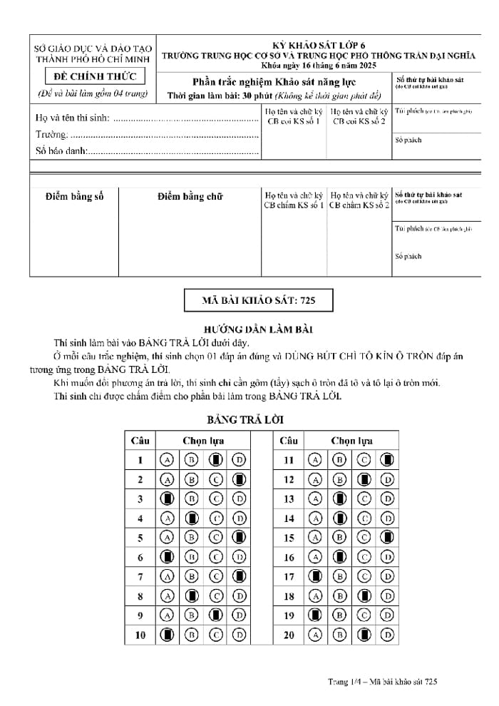 Đáp án trắc nghiệm khảo sát năng lực vào lớp 6 Trần Đại Nghĩa 2025-2026