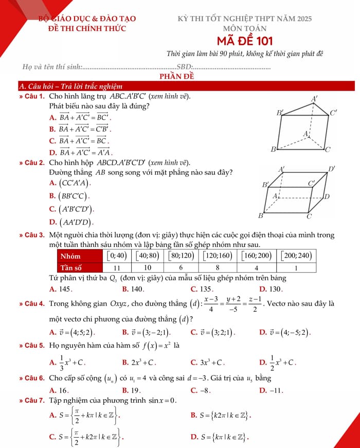 Gợi ý giải chi tiết đề Toán THPT 2025
