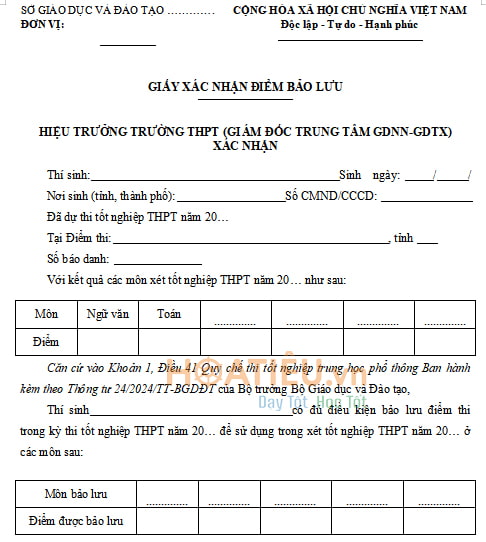 Mẫu đơn xin bảo lưu điểm thi THPT Quốc gia