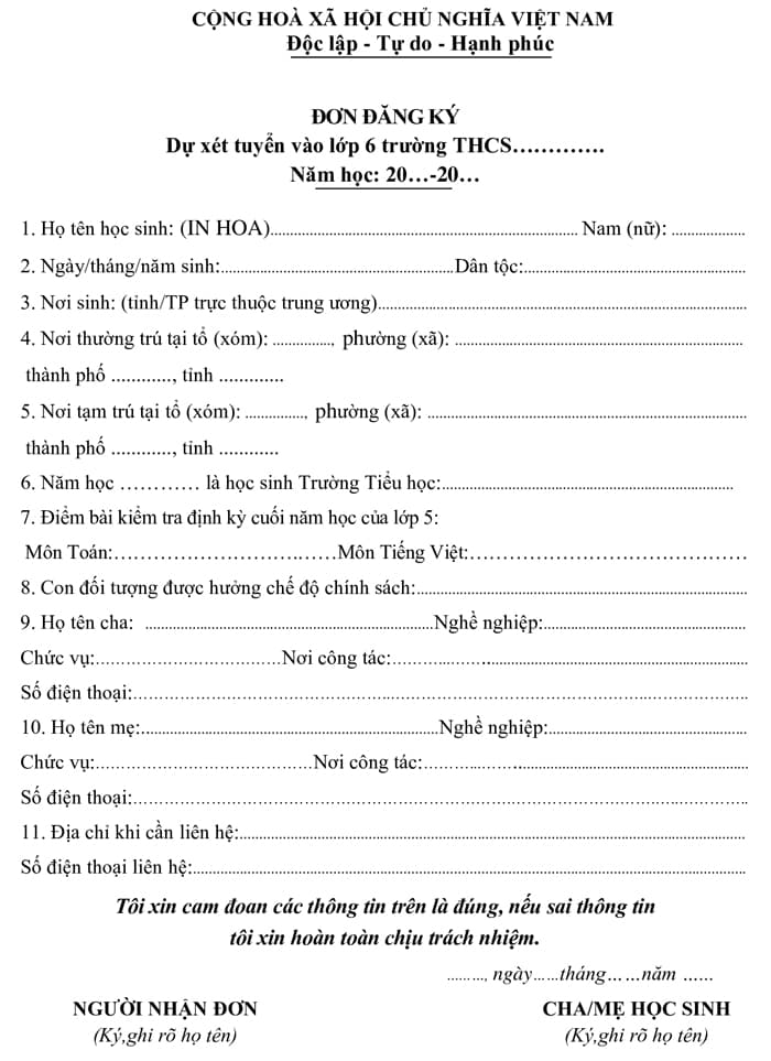 Đơn xin nhập học lớp 6