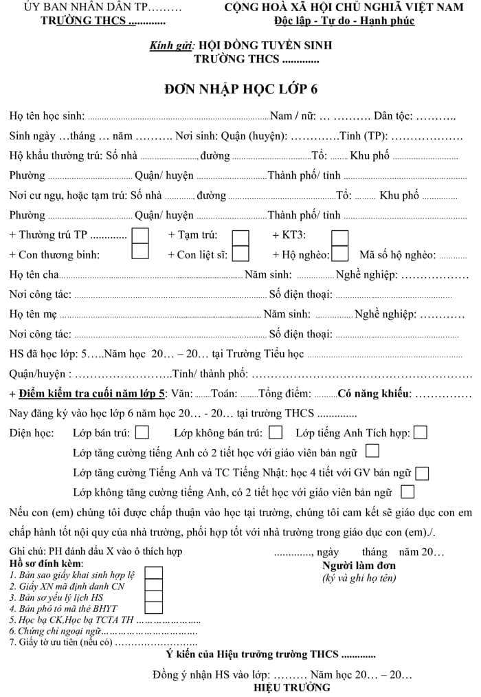 Mẫu Đơn xin vào học lớp 6 chuẩn