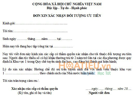Mẫu giấy xác nhận ưu tiên Khu vực 1, 2