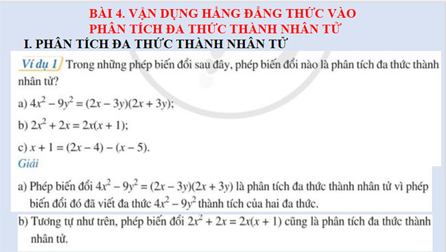 Vận dụng hằng đẳng thức vào phân tích đa thức thành nhân tử