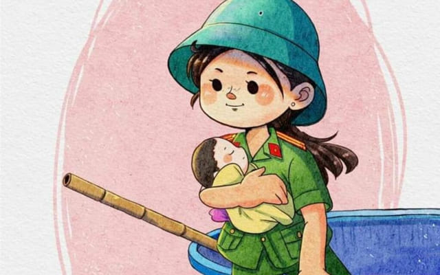 Tranh vẽ cô công an bế em bé mùa lũ
