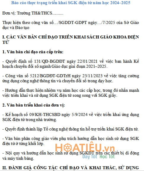Mẫu báo cáo thực trạng triển khai sách giáo khoa điện tử năm học 2024-2025