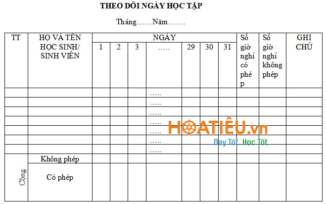 Mẫu bảng ghi chép theo dõi ngày học tập