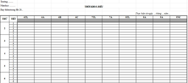 Mẫu thời khóa biểu học hè
