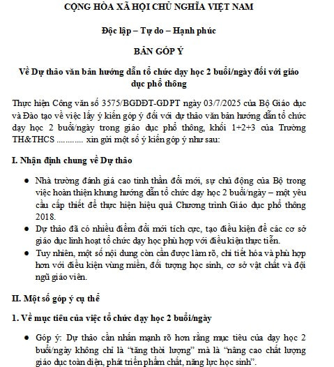 Biên bản góp ý dự thảo văn bản hướng dẫn tổ chức dạy học 2 buổi/ngày