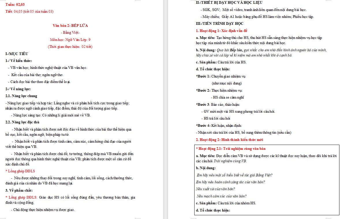 Kế hoạch bài dạy Ngữ văn 9 CTST Bài Bếp lửa