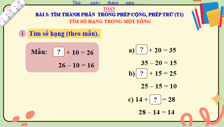 Bài 3: Tìm thành phần trong phép cộng, phép trừ
