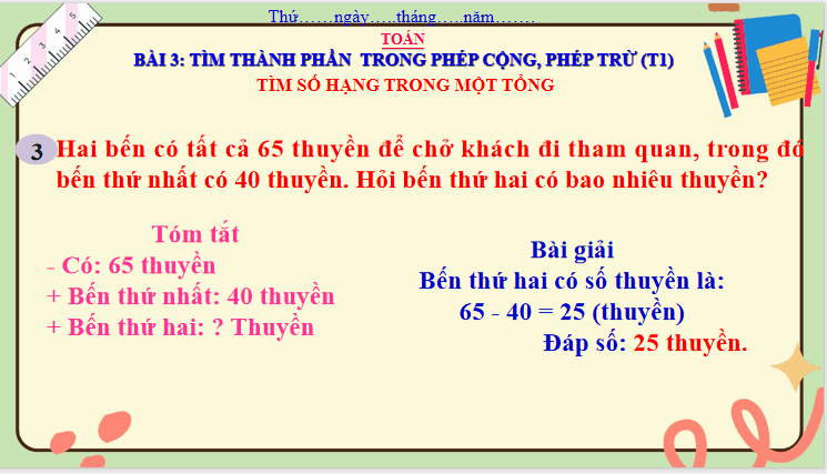 Bài 3: Tìm thành phần trong phép cộng, phép trừ