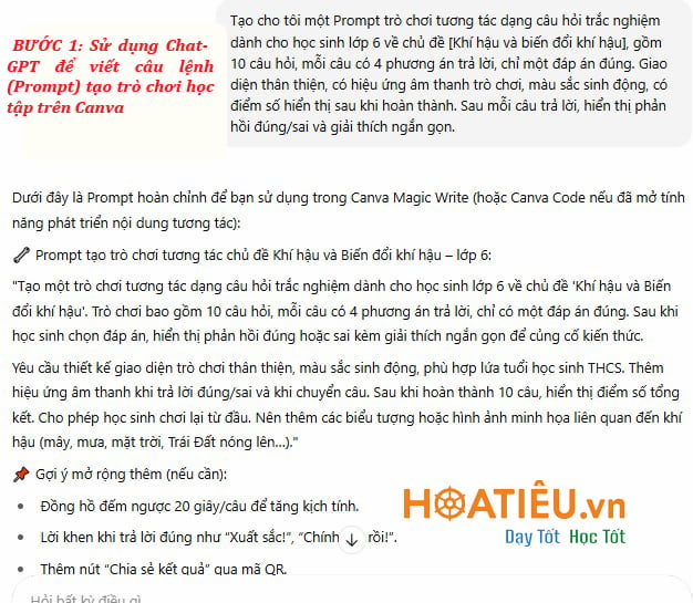 Câu lệnh Canva Code tạo trò chơi tương tác cấp Trung học cơ sở