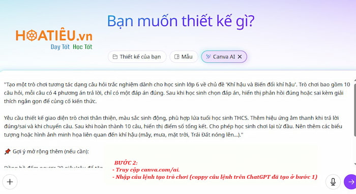 Câu lệnh Canva Code tạo trò chơi tương tác cấp Trung học cơ sở