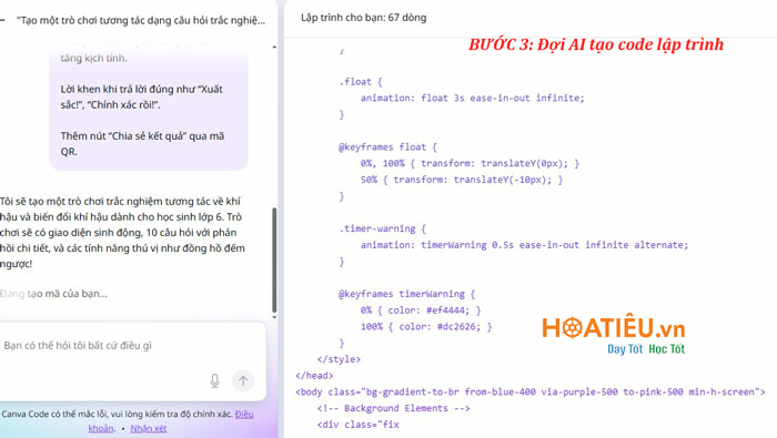 Câu lệnh Canva Code tạo trò chơi tương tác cấp Trung học cơ sở