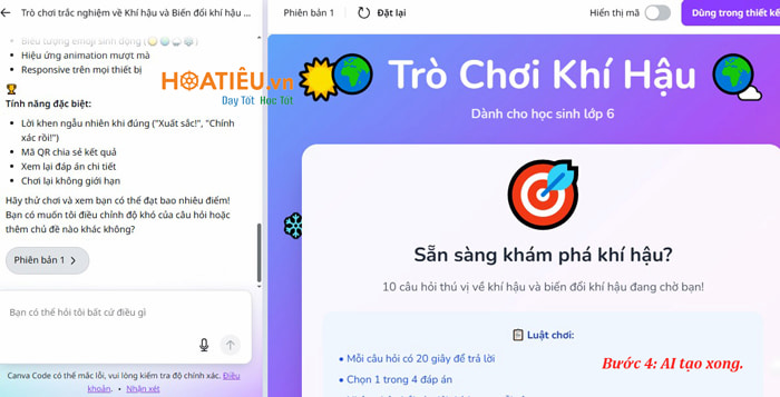 Câu lệnh Canva Code tạo trò chơi tương tác cấp Trung học cơ sở