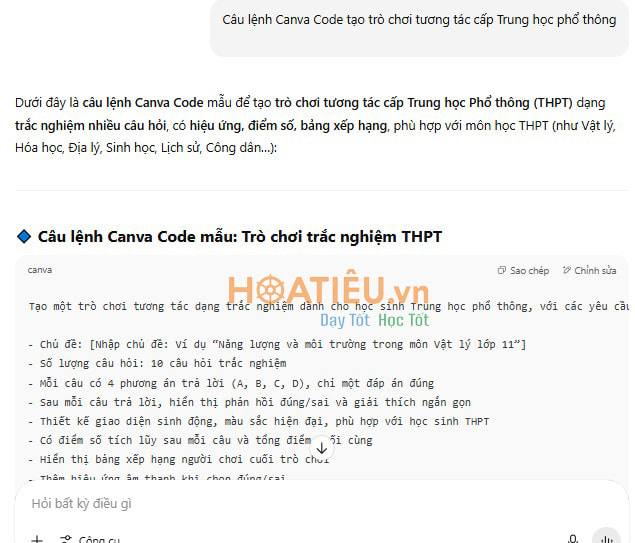 Câu lệnh Canva Code tạo trò chơi tương tác cấp Trung học phổ thông