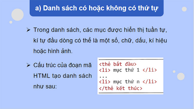 Tạo danh sách bảng