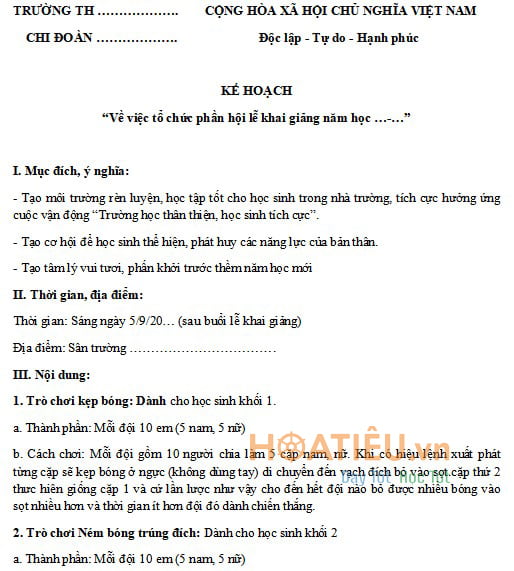 Kế hoạch tổ chức phần hội lễ khai giảng năm học mới