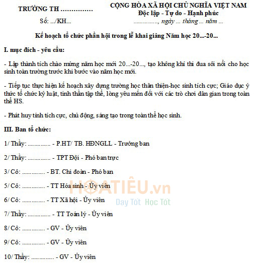Kế hoạch tổ chức phần hội lễ khai giảng năm học mới trường THCS