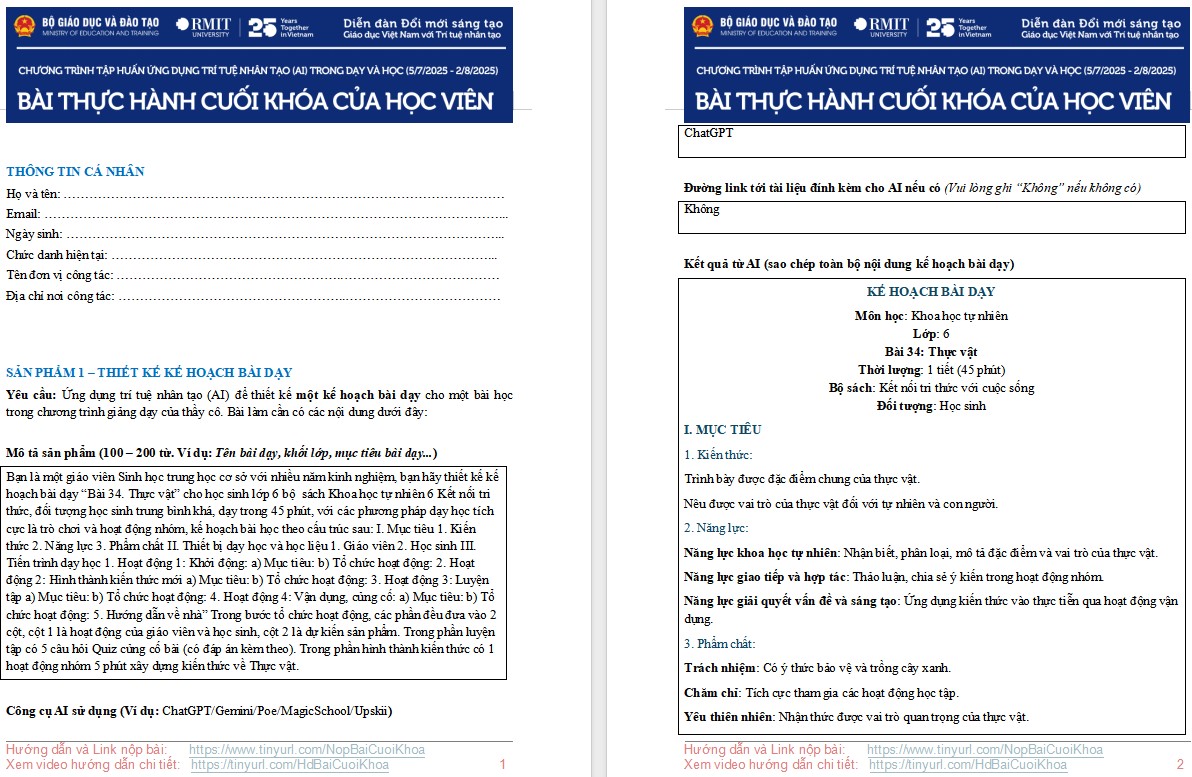 Mẫu bài thhu hoạch tập huấn Ứng dụng AI giáo viên THCS