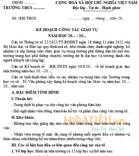 Kế hoạch công tác giáo vụ