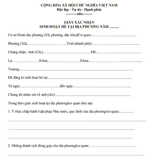 Giấy nhận xét sinh hoạt hè của địa phương