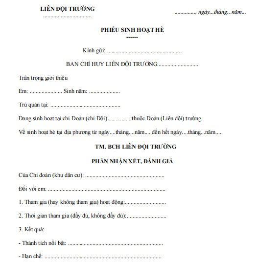 Phiếu nhận xét phiếu sinh hoạt hè 