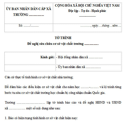 Mẫu tờ trình đề nghị sửa chữa cơ sở vật chất ở trường học