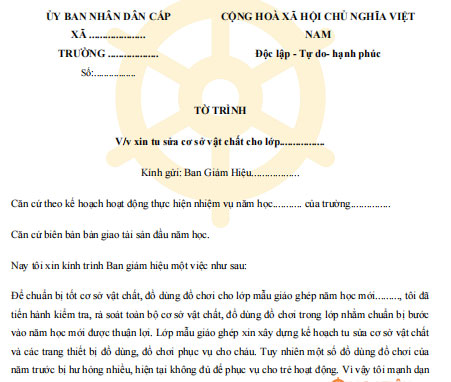 Mẫu tờ trình đề nghị sửa chữa cơ sở vật chất cho lớp học mẫu giáo