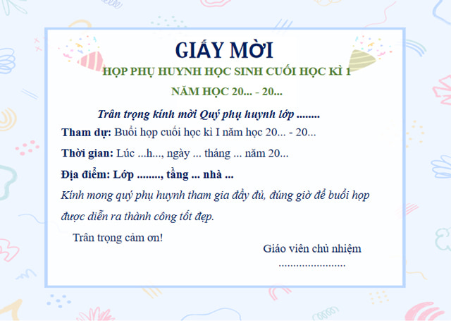 Mẫu giấy mời họp phụ huynh cuối kì 1 năm học 2025-2026
