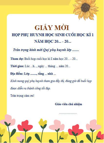 Mẫu giấy mời họp phụ huynh cuối học kì I năm 2025