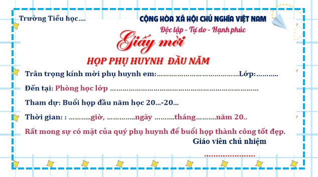 Mẫu giấy mời họp phụ huynh đầu năm 