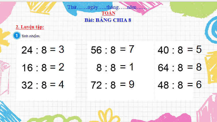 Giáo án Toán 3: Bảng chia 8 Cánh Diều