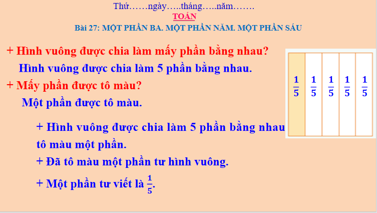 Giáo án Toán 3: Một phần ba. Một phần năm. Một phần sáu Cánh Diều