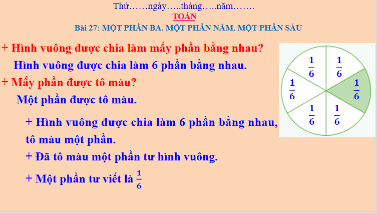 Giáo án Toán 3: Một phần ba. Một phần năm. Một phần sáu Cánh Diều