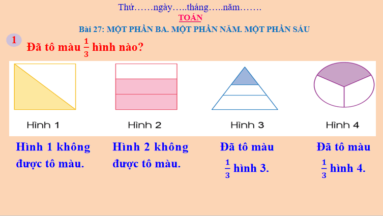 Giáo án Toán 3: Một phần ba. Một phần năm. Một phần sáu Cánh Diều
