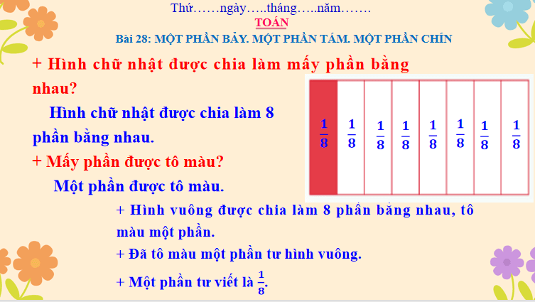 Giáo án Toán 3: Một phần bảy. Một phần tám. Một phần chín Cánh Diều