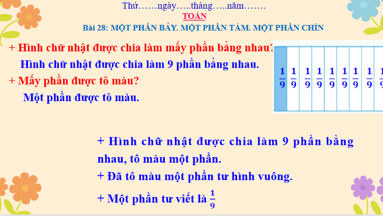 Giáo án Toán 3: Một phần bảy. Một phần tám. Một phần chín Cánh Diều