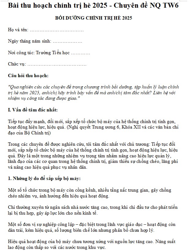 Bài thu hoạch chính trị hè 2025 - Chuyên đề NQ TW6