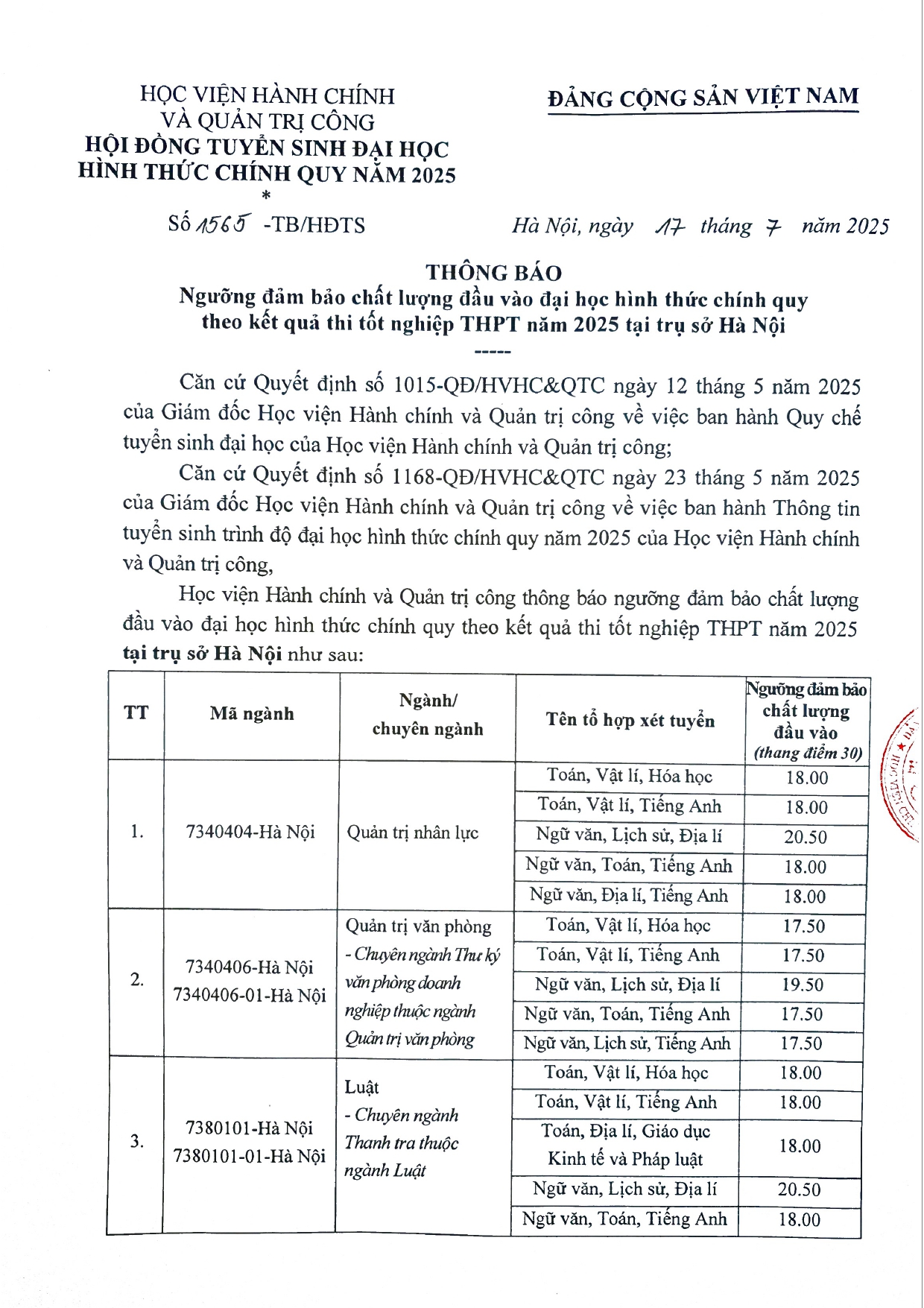 Điểm sàn Học viện Hành chính Quốc gia 2025