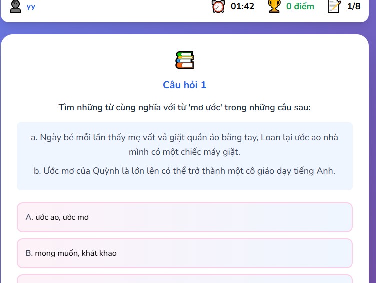 Game tương tác Luyện từ và câu: Mở rộng vốn từ Ước mơ