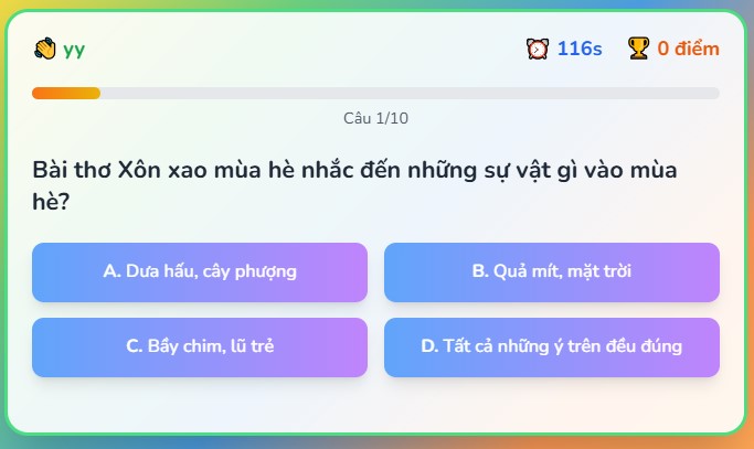 Game tương tác Trắc nghiệm vui về mùa hè
