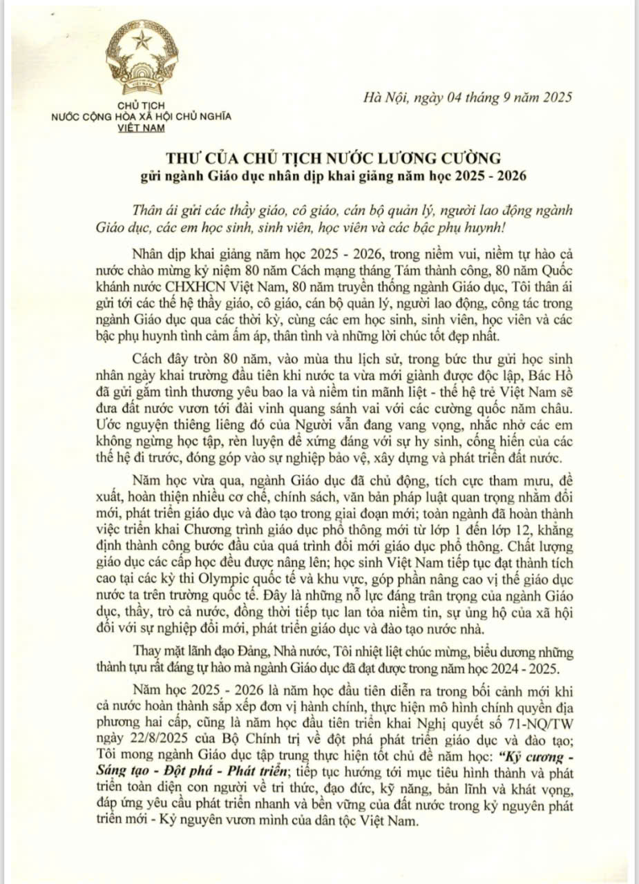 Thư của Chủ tịch nước nhân ngày khai giảng