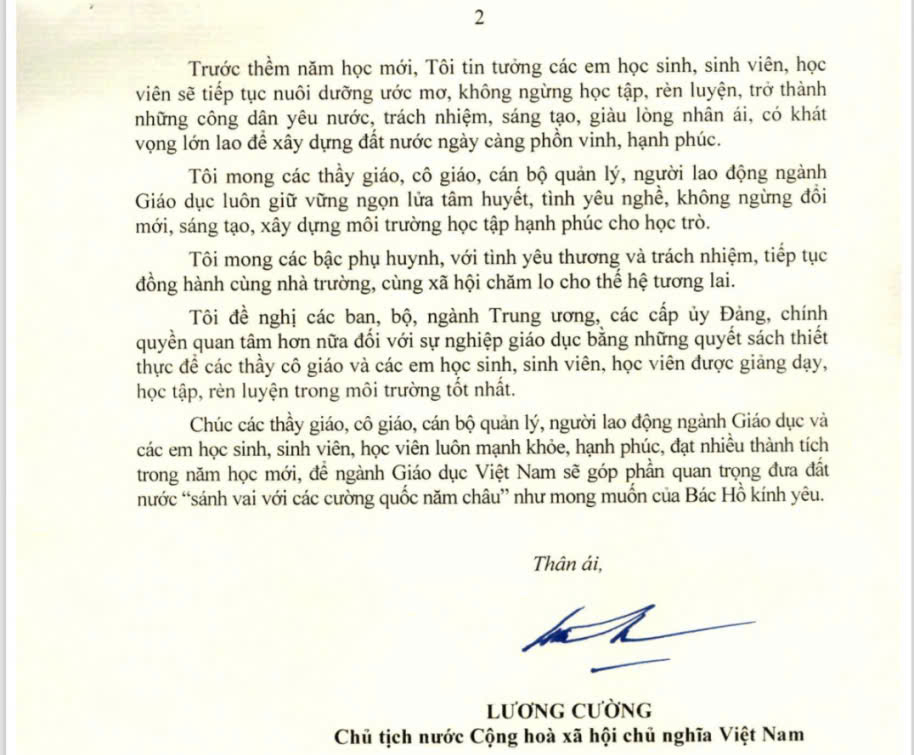 Thư của Chủ tịch nước nhân ngày khai giảng