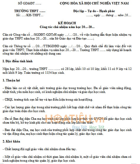 Kế hoạch công tác chủ nhiệm
