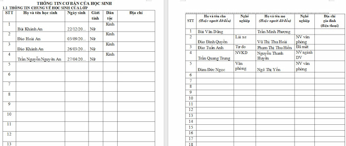 Sổ chủ nhiệm Tiểu học lớp 1 số 1