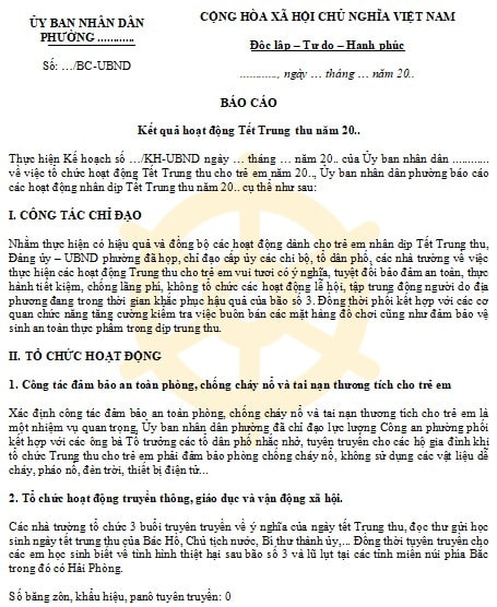 Mẫu báo cáo kết quả tổ chức Tết trung thu của UBND phường, xã