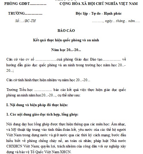 Báo cáo kết quả công tác thực hiện chương trình giáo dục quốc phòng và an ninh