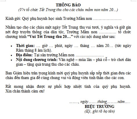 Thông báo tổ chức chương trình Tết Trung thu trường mầm non